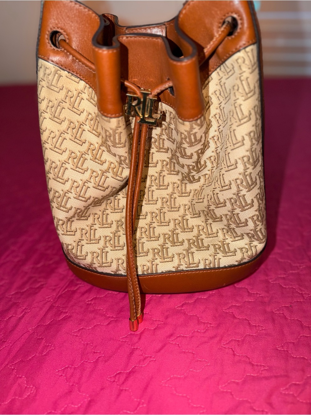 Ralph Lauren Cream RL Monogram Drawstring Bucket Bag with Tan Trim